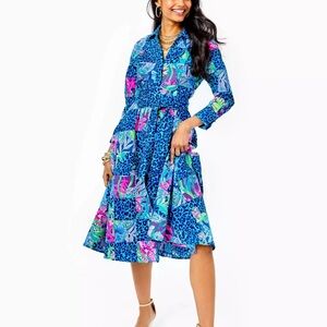Lilly Pulitzer Vibrant Blue and Pink Long Sleeve Dress midi shirt dress 16 rare